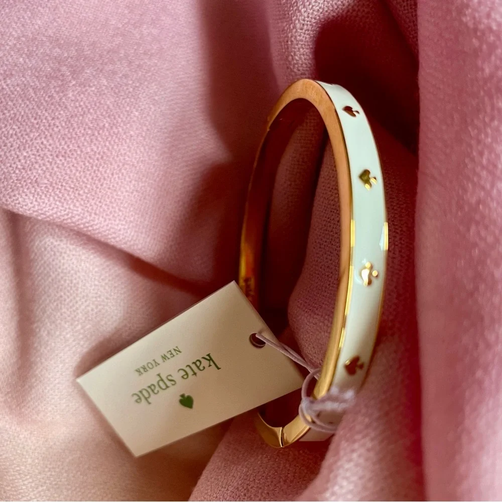Kate Spade Spot The Spade Enamel Bangle | White & Gold Hinged Bracelet - Picture 3 of 8